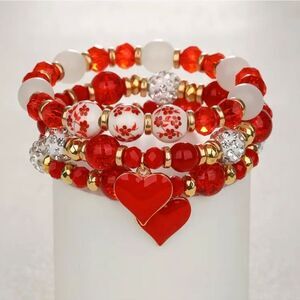 Stack of Red & White Heart Charm Bracelets